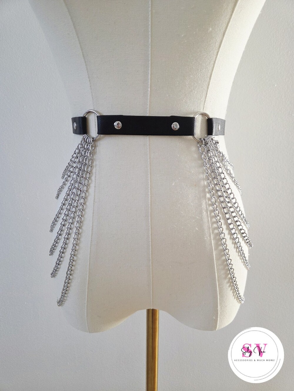 Black belt with silver chain fringe